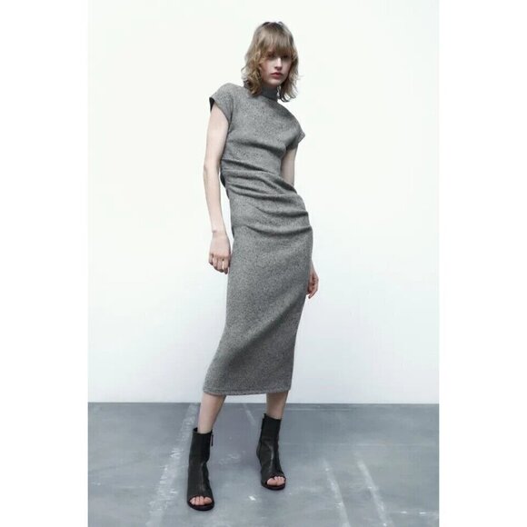 Zara Gray Sweater Dress Ruched Mid-Calf Sheath Dress Mock Neck Women's Large - Picture 2 of 8